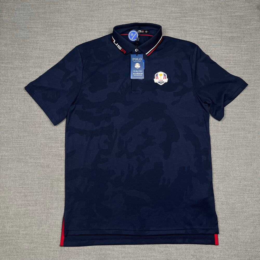 RLX Ralph Lauren Polo Shirt Mens Medium Navy Blue Camo Ryder Cup 2020
